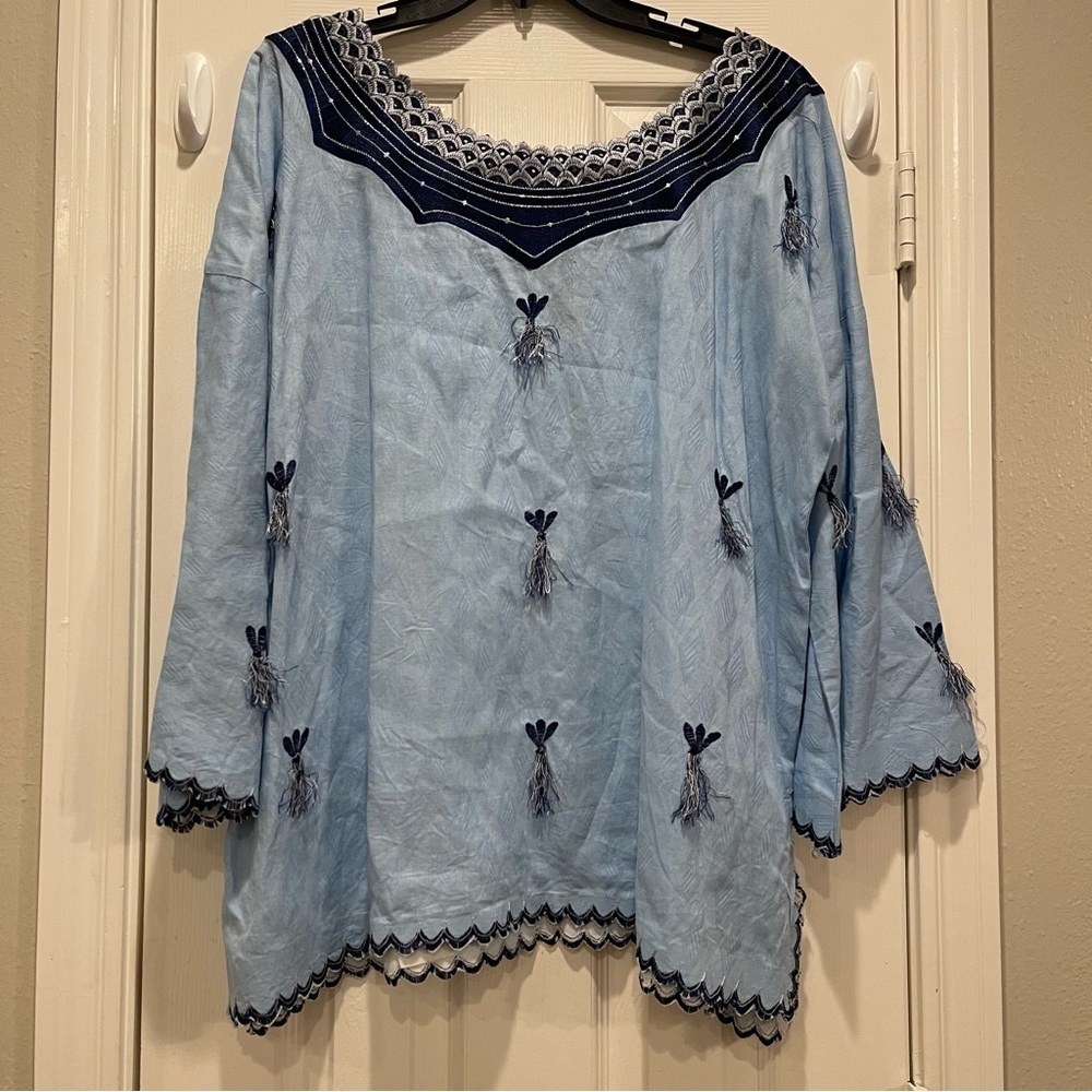 Unbranded Tunic Blouse Women’s XL Blue Embroidered Tassels Boho Unique Coastal